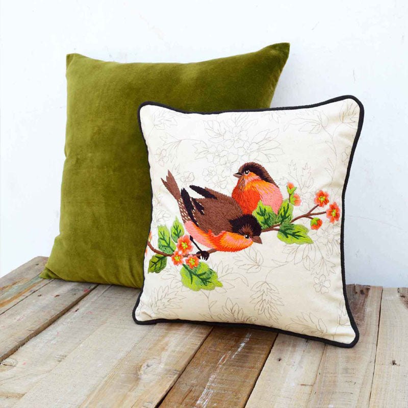 Embroidered Love Birds Cotton Throw Pillow Cover Off‑White