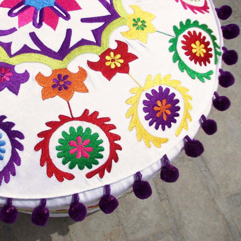 Handcrafted Off White Suzani Pouf Cover with Multicolor Embroidery