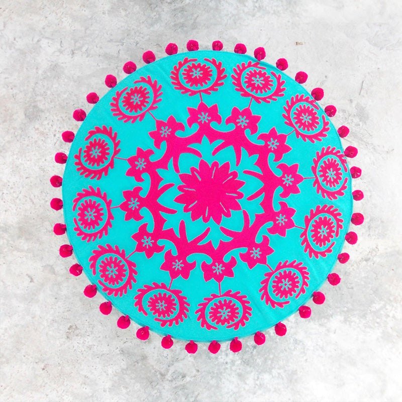 Turquoise Bohemian Suzani Pouf Cover with Pink Pompoms – 55x30 cm
