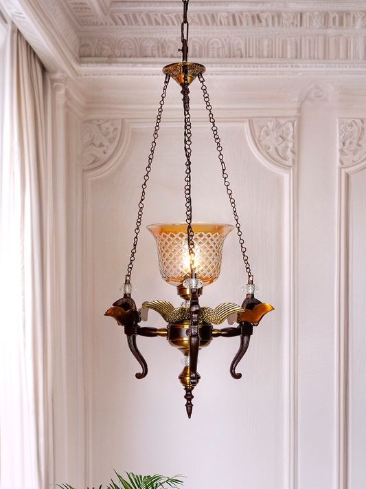 Elegant Vintage Pegasus Pendant Chandelier with Golden Luster CutGlass Shade, Crystal Accents