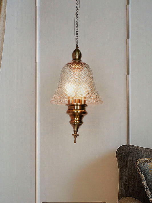 Elegant Antique Brass 3-Light Bell Pendant with Golden Cut Glass Shade