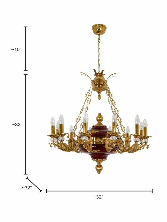 Vintage 32-Inch Candelabra Chandelier with Cast Aluminum Arms, Crystals, Maroon