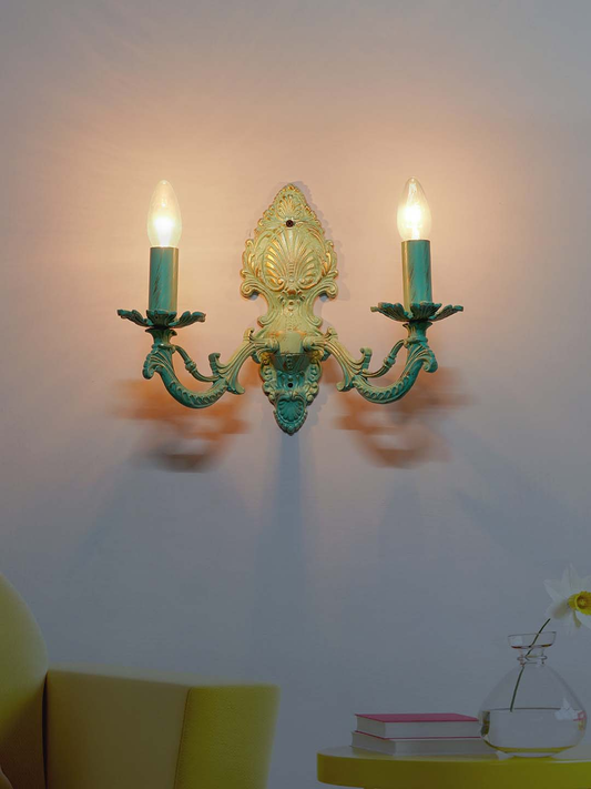 Vintage Distressed Green Cast Aluminium 2-Light Candelabra Wall Sconce