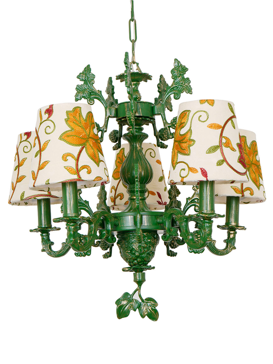 Elegant 5-Light Candelabra Chandelier: Hand-Embroidered Kashida Velvet Shades, Green Finish