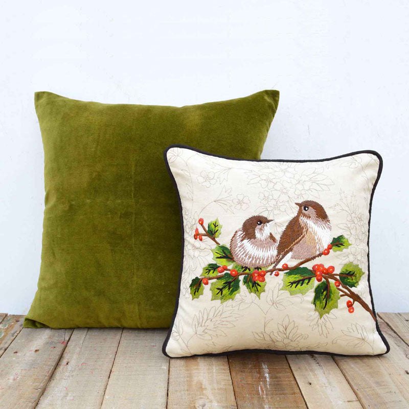 Embroidered Love Birds Cotton Pillow Cover – Off-White Decorative Throw