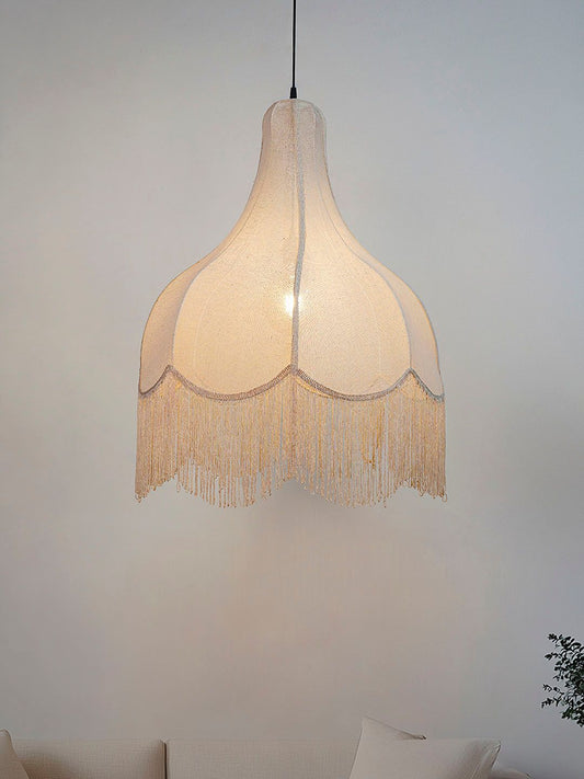 Bohemian Chic Large Beige Bell Scalloped Fabric Pendant Light with Tassels