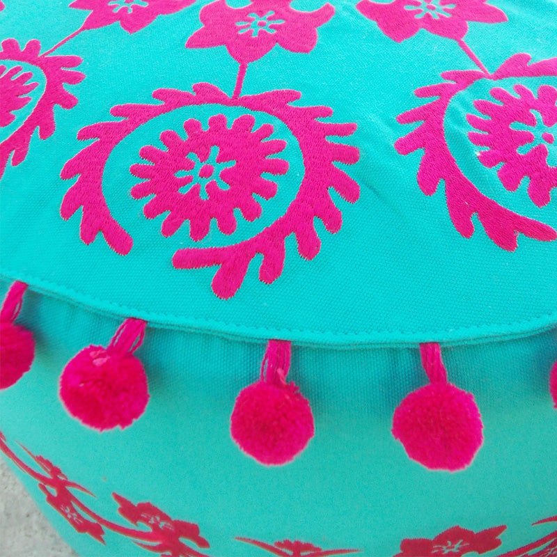 Turquoise Bohemian Suzani Pouf Cover with Pink Pompoms – 55x30 cm
