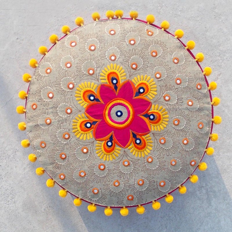 Handcrafted Bohemian Linen Pouf Cover with Multicolor Embroidery
