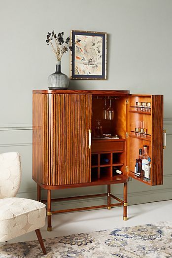 Deluxe Mid-Century Wooden Bar Unit: Elegant Cabinet with Brass, Marble, Wine Storage