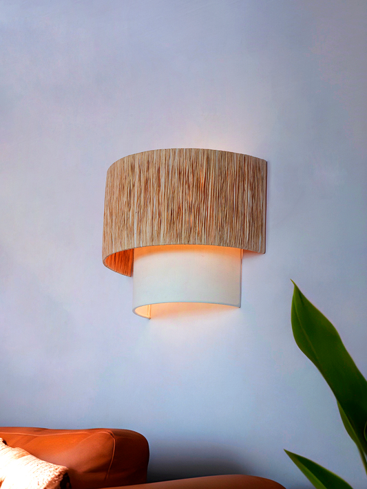 Elegant 12-inch Half Concentric Drum Wall Sconce, Raffia and White Fabric