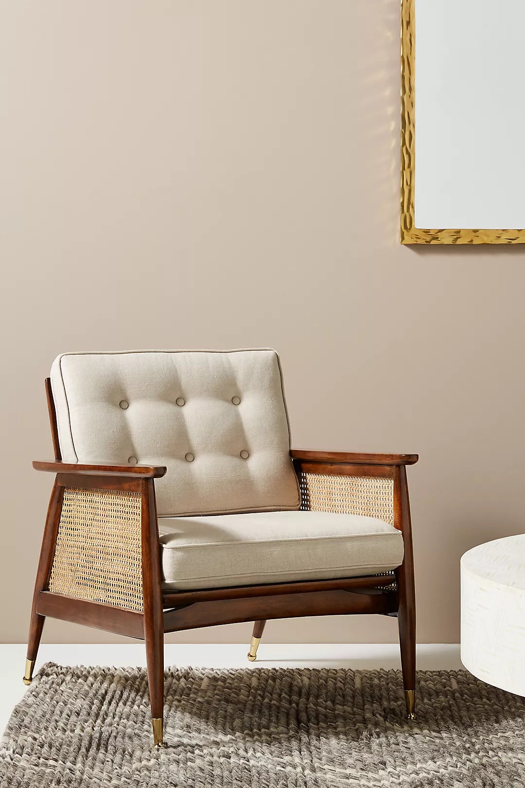 Elegant Modern Danish Accent Chair: Walnut Wood, Cane Back, Linen/Velvet Upholstery