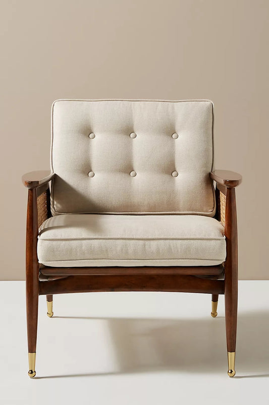 Elegant Modern Danish Accent Chair: Walnut Wood, Cane Back, Linen/Velvet Upholstery