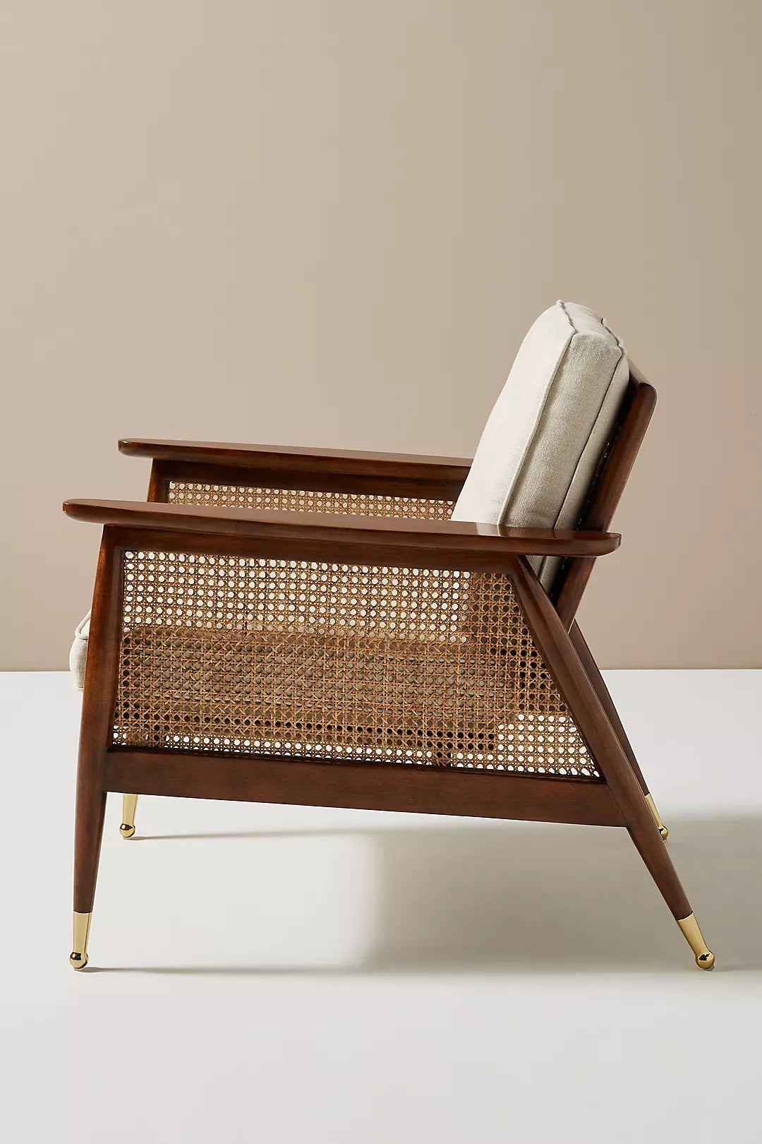 Elegant Modern Danish Accent Chair: Walnut Wood, Cane Back, Linen/Velvet Upholstery