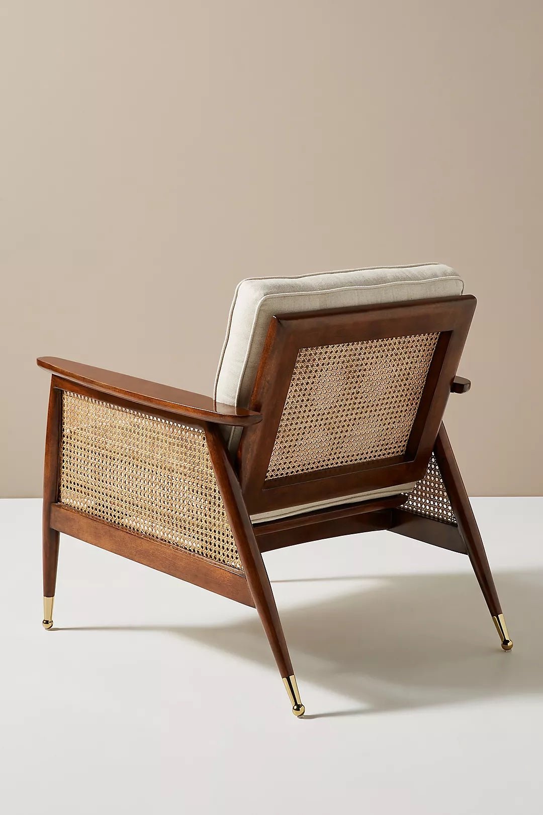 Elegant Modern Danish Accent Chair: Walnut Wood, Cane Back, Linen/Velvet Upholstery