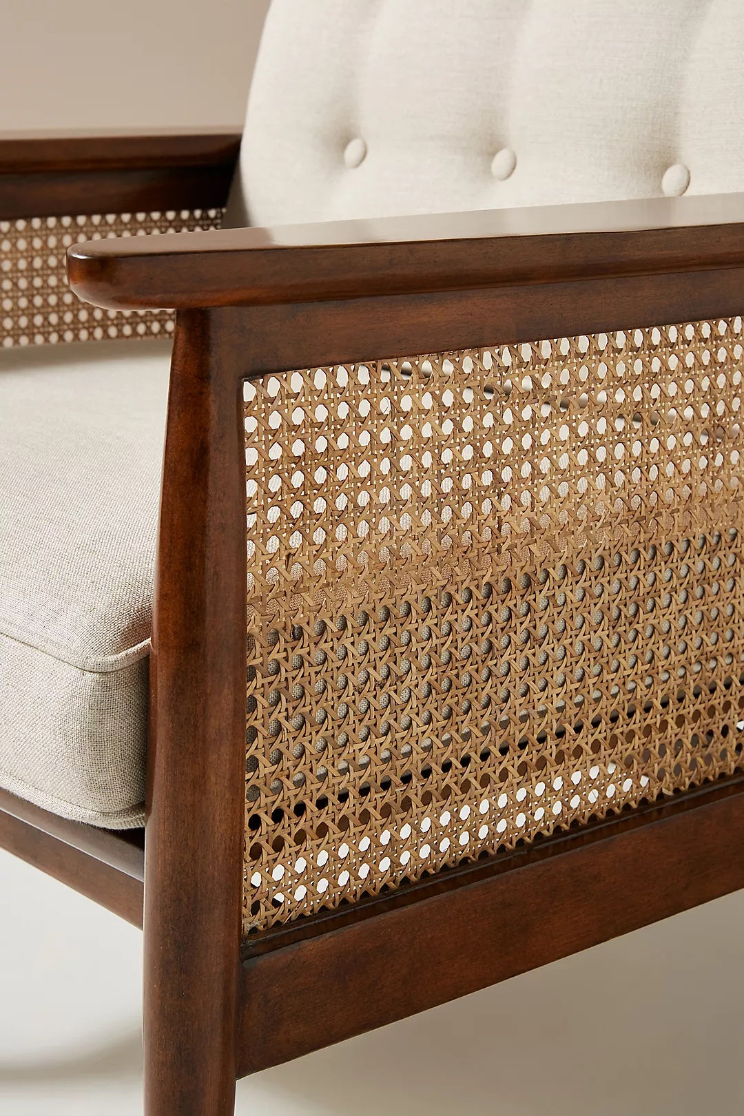 Elegant Modern Danish Accent Chair: Walnut Wood, Cane Back, Linen/Velvet Upholstery