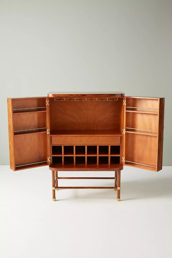Deluxe Mid-Century Wooden Bar Unit: Elegant Cabinet with Brass, Marble, Wine Storage