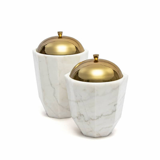 Elegant White Marble Facet Collection Bowl with Brass Lid