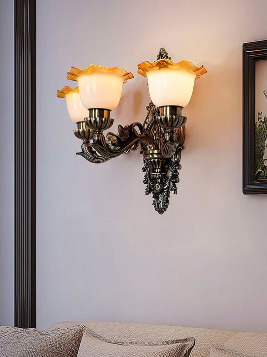 Opulent Antique 3-Light Wall Sconce: Milky White Amber Frilled Glass Shades