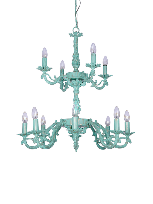 Distressed Sea Green 12-Light Two-Tier Aluminum Chandelier French Elegant