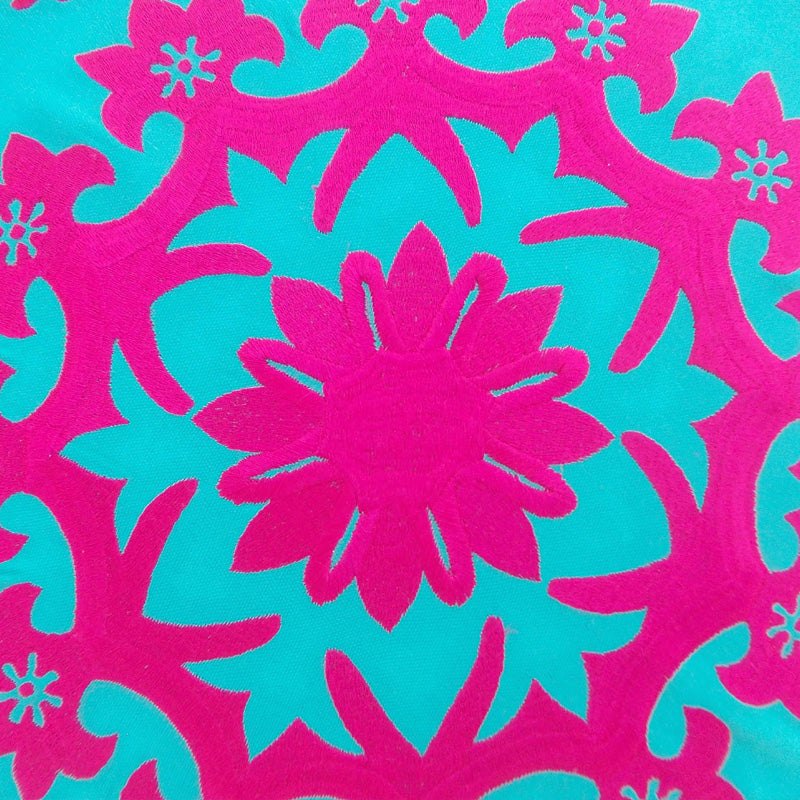 Turquoise Bohemian Suzani Pouf Cover with Pink Pompoms – 55x30 cm