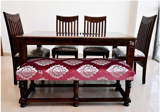 6 seater Dining Table with knock down legs, 4 chairs and one bench: Sheesham Wood