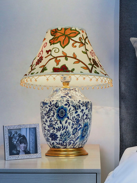 Handcrafted Eclectic Blue Pottery Print Table Lamp with Kashmiri Embroidered Velvet Shade