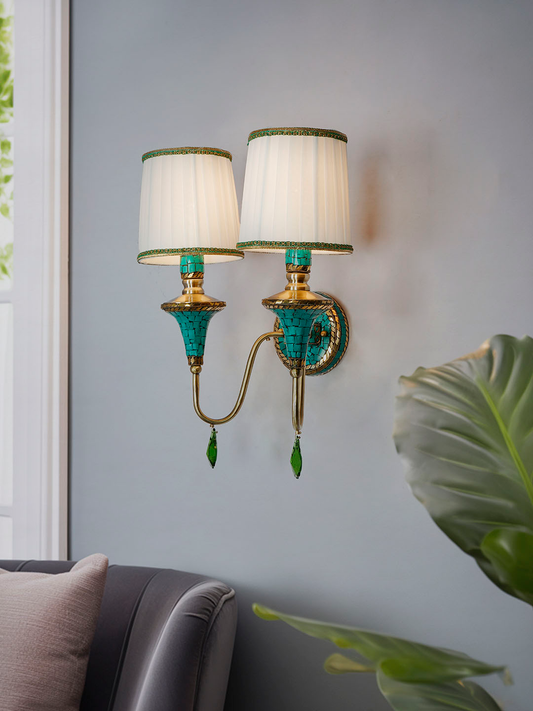 Handcrafted Tibetan Nepalese Double Funnel Wall Sconce, Green Stone, Pleated Shades