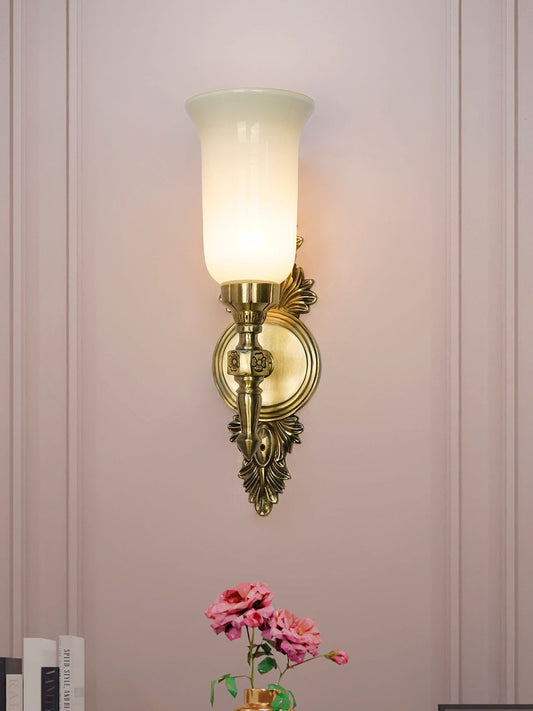 Traditional Antique Brass Aluminium Torch Wall Sconce, Milky White Glass Shade