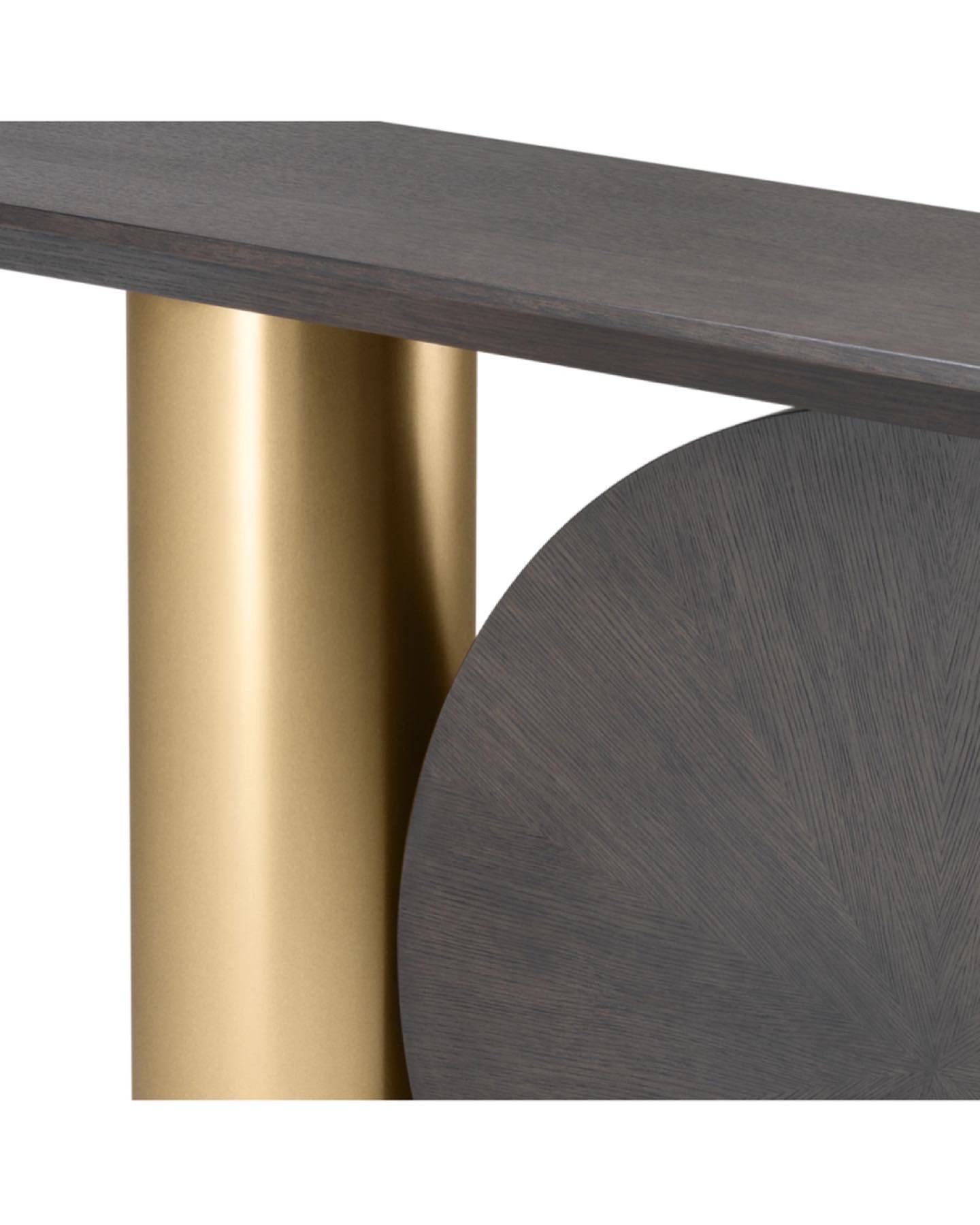 Elegant Postmodern Spring Console Table with Mocha Oak & Brass Finish