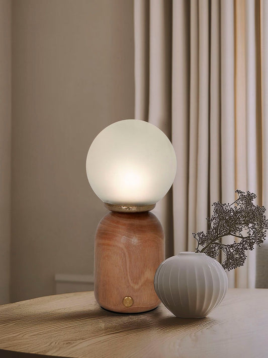 Modern Natural Wood & Glass Rechargeable LED Dimmable Touch Table Lamp