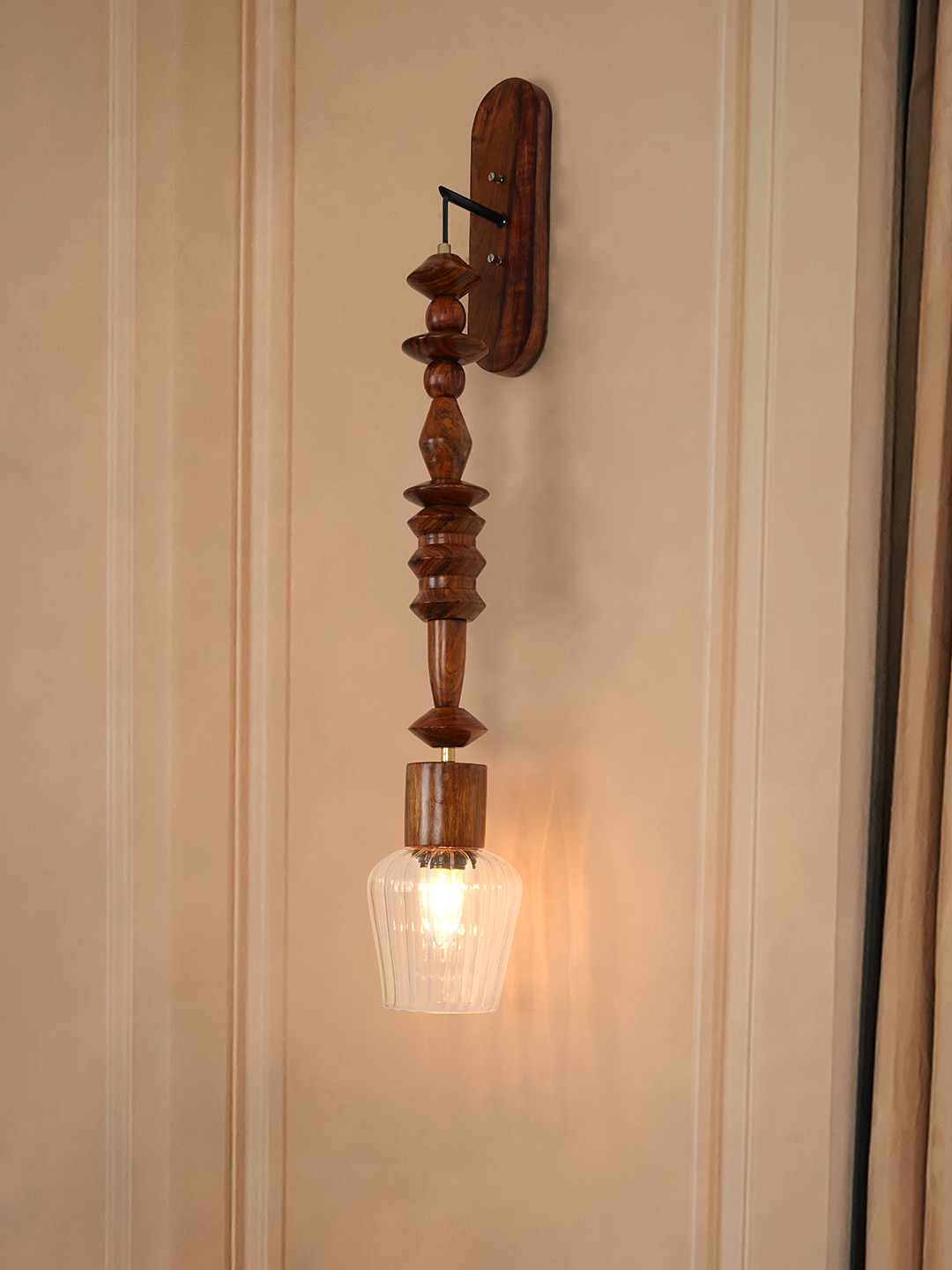 Artistic Long Geometric Wooden Bead Wall Lamp, Sheesham Wood Pendant Light