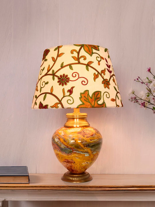 Exquisite Kashmiri Embroidered Shade Table Lamp - Metal Red Stone Pot Design