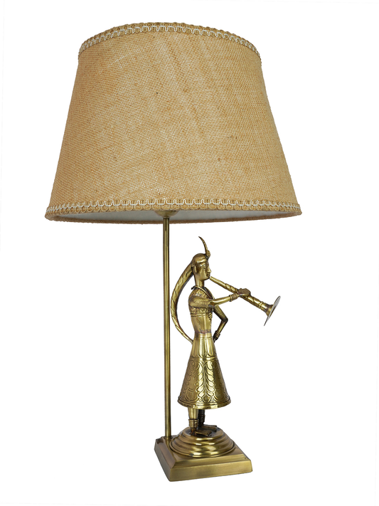 Exquisite Rajasthani Been Belle Brass Table Lamp, 14-Inch Tapered Jute Shade, Antique Finish