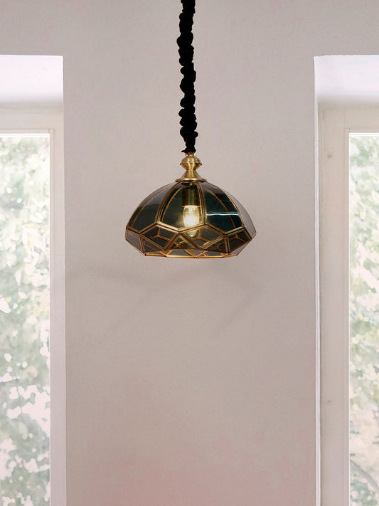 Elegant Black Glass Tiffany Style Dome Pendant Light Brass Accents