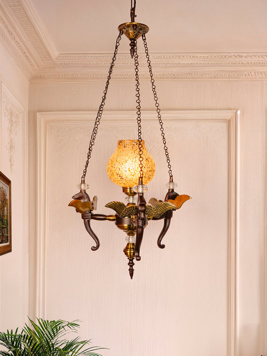 Elegant Vintage Pegasus Horse Head Pendant Chandelier with Yellow Speckled Glass