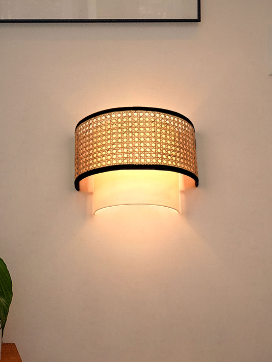 Handwoven Cane Fabric Half Drum Wall Sconce Lamp for Modern Home Decor