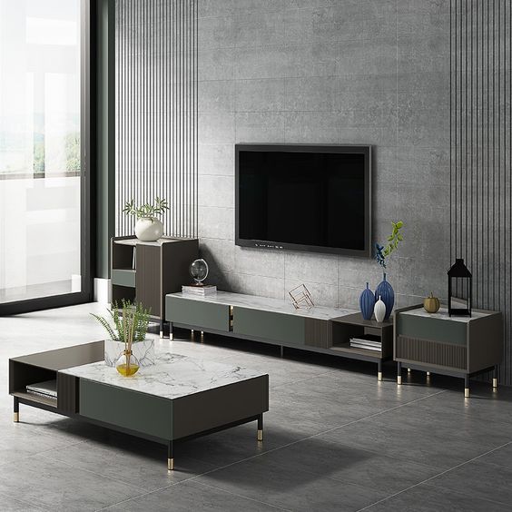 Lora Modern Stone Top TV Unit with Two Drawers and Steel Legs