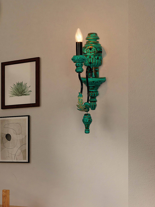 Emerald Green Distressed Wooden Wall Sconce with Candelabra Design