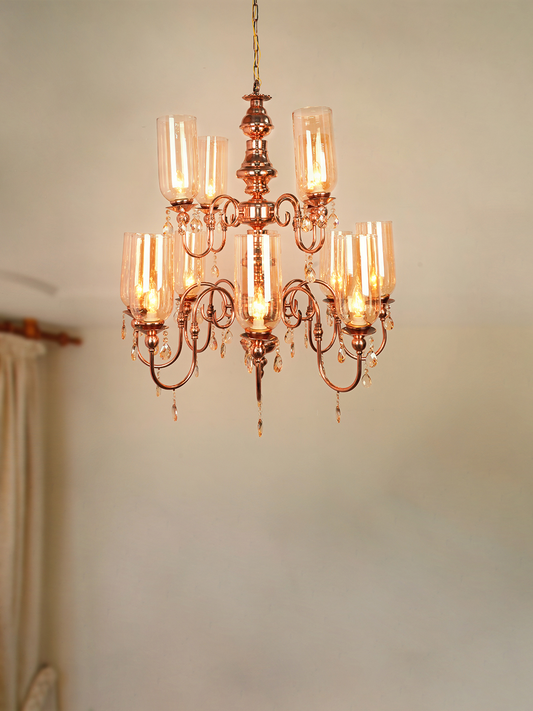 European Copper 2-Tier 12-Light Steel Chandelier with Translucent Glass Shades