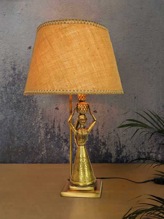 Exquisite Antique Rajasthani Brass Kalash Table Lamp with Tapered Jute Shade