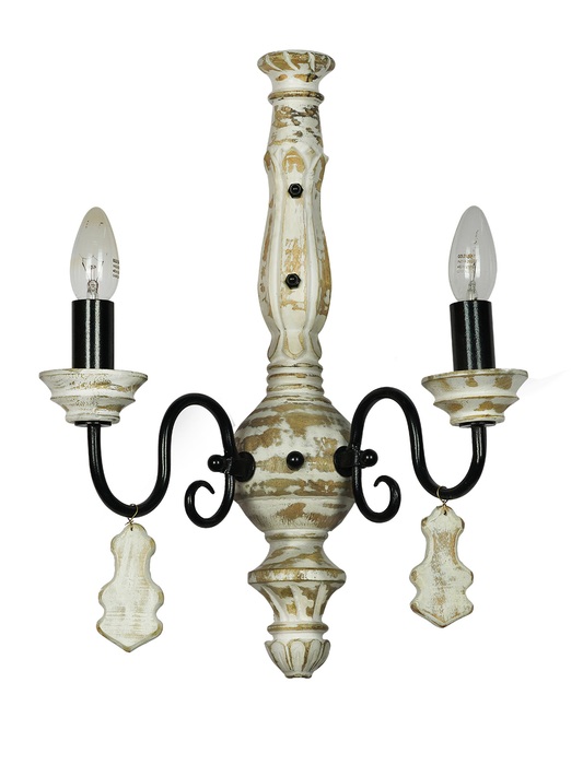 Chic French White Distressed Wooden 2-Light Rustic Candelabra Wall Sconce