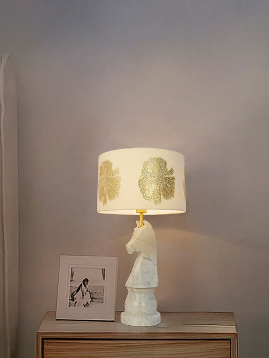 Statuario Marble Chess Knight Table Lamp with Gold Embroidered Drum Shade