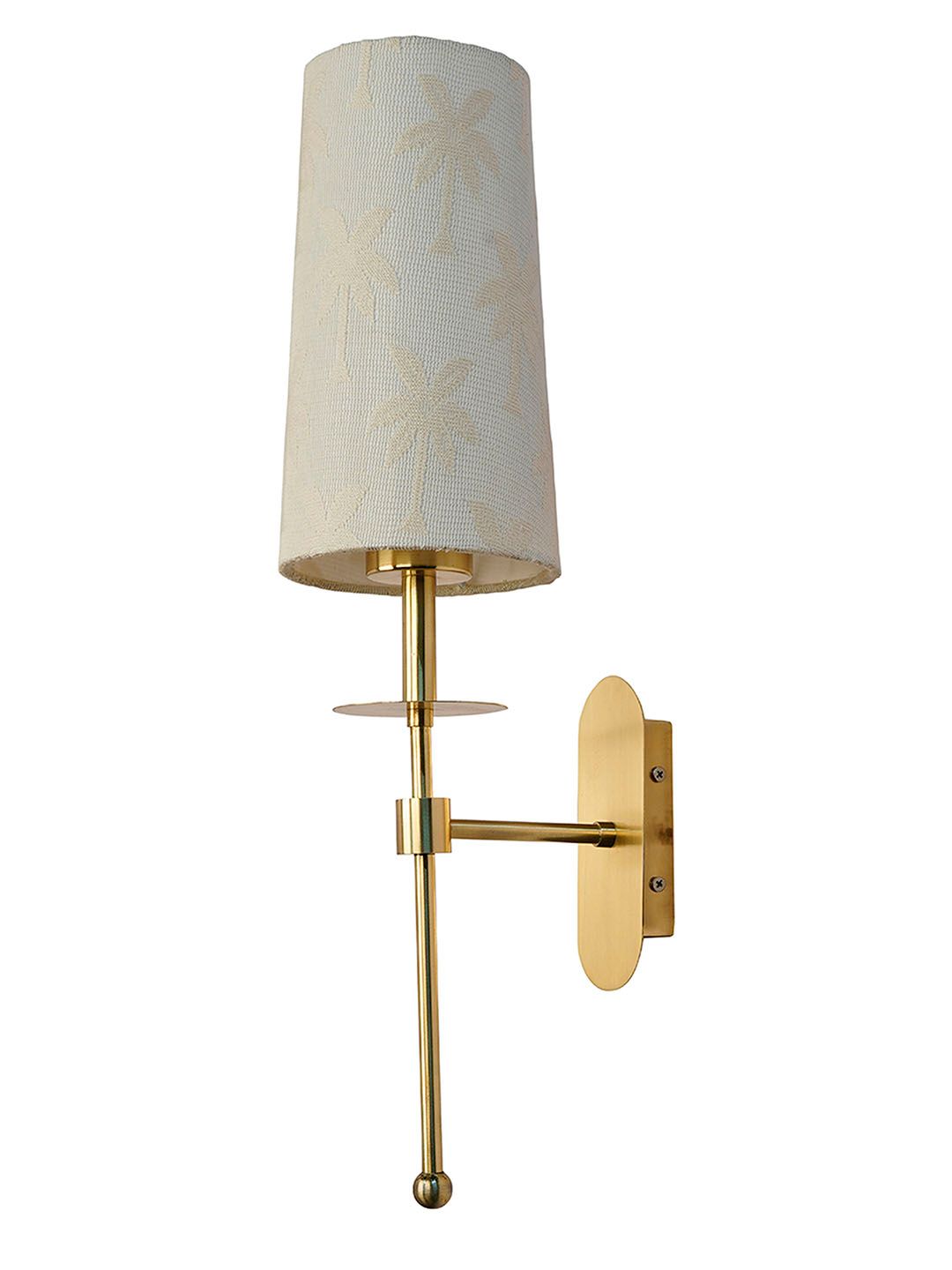 Decorative Antique Brass Long Arm Wall Sconce, Palm Motif Fabric Shade, E27 Holder