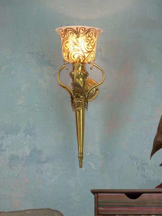 Traditional Antique Gold Brass Torch Mashal Wall Lamp Handpainted Glass Sconce