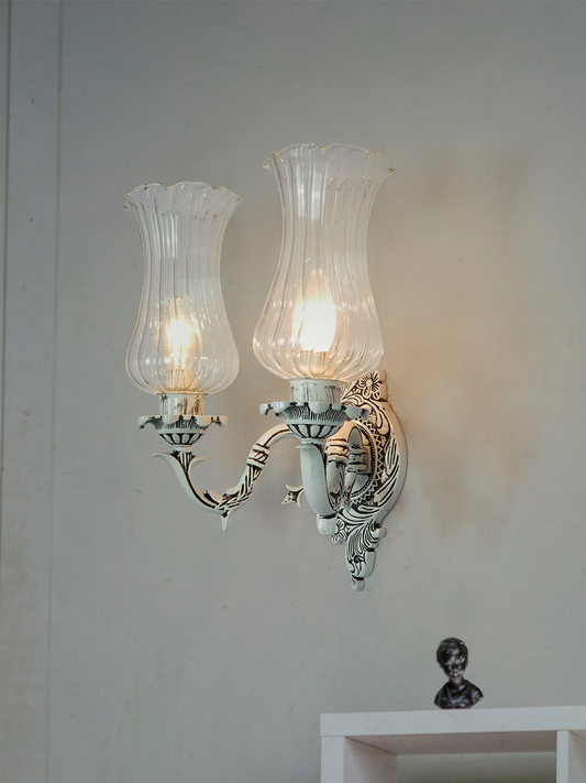 Elegant Traditional Swan Double Wall Lamp, Antique White Cast Aluminium, Fluted Glass