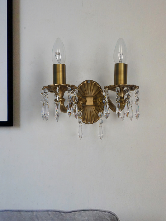 Elegant Double Brass Crystal Wall Sconce, Matt Finish, Classic Design Lighting