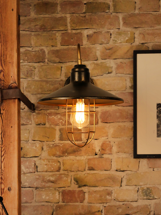 Vintage Industrial Farmhouse Wall Sconce - Antique Gold Metal Cage Light