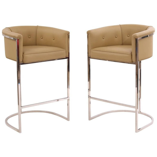 Sleek Chrome Camel Leather Bar Stools Pair - Vintage 1970s Modern Design