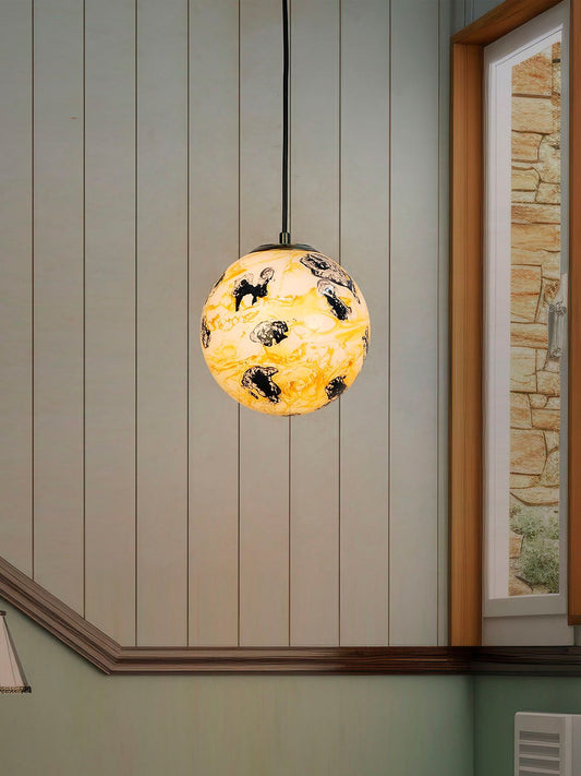 Artistic Yellow Black Marble Glass Globe Pendant Light - Antique Brass Finish