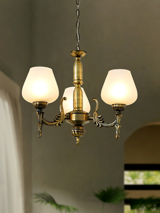 Sparkling Antique Brass 3-Light Chandelier: Frosted Goblet Shades, 16-inch Wide